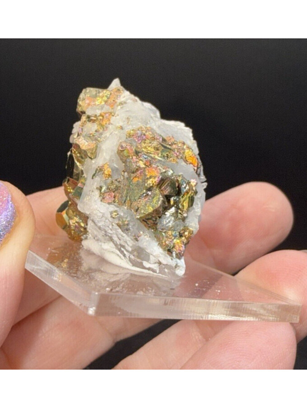 Naturally Iridescent Pyrite on Quartz Indonesia Rainbow Crystal Specimen